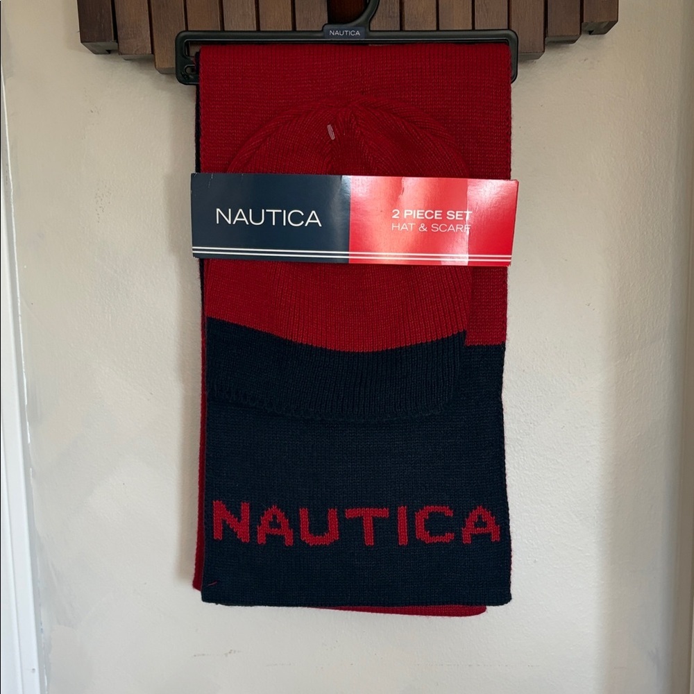 Nautica Red and Black 2-Piece Hat and Scarf Set